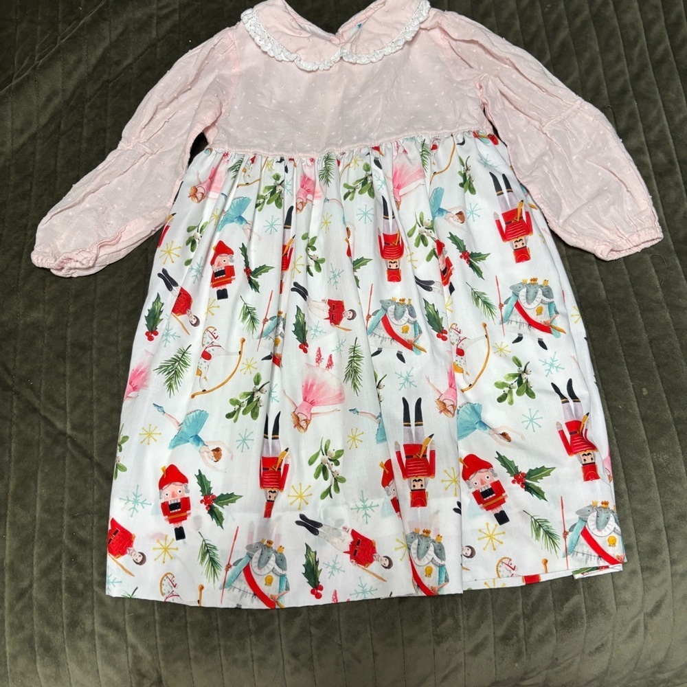 Girls Pink Long-Sleeve Holiday Dress with Nutcracker Print